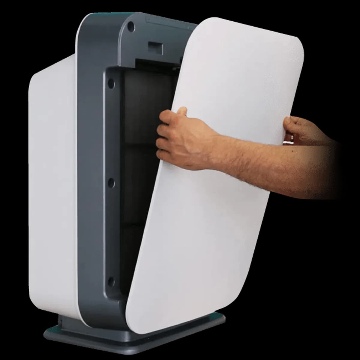 Magnetic front panel lifting off to reach the True HEPA filter